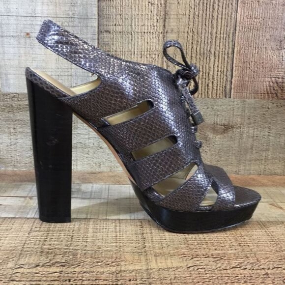 Coach Sandals Moreen Womens 8B Gray Leather Metallic Embossed Snakeskin Heel - Picture 6 of 12